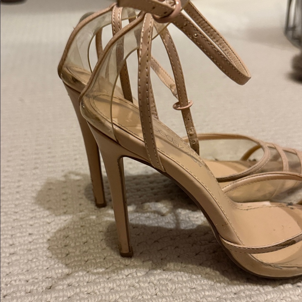 Show Dazzle Nude Vinyl Stilettos Ankle Wrap Heel sz 7.5 - Picture 8 of 10